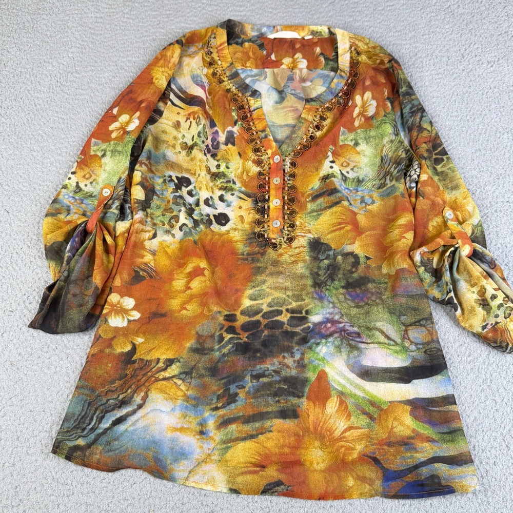 Soft Surroundings Tunic Women XL Orange Floral Leopard Print Beaded Roll Tab Top